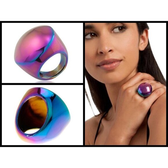 💕TRINA TURK💕 Coated Hematite Dome Ring Iridescent Rainbow NWT - Picture 1 of 14